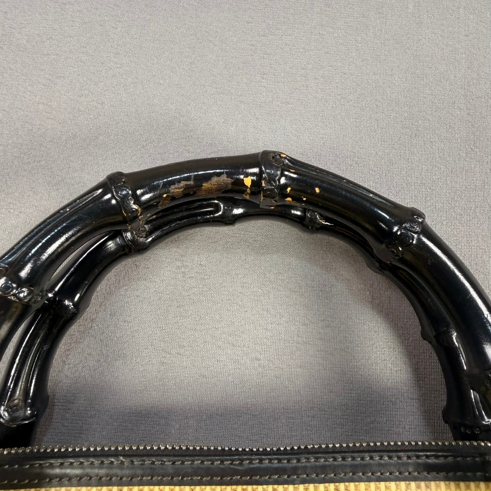 Dooney & Bourke Bamboo Handle Dome Satchel Straw Leather Tan Black Medium Silver - Picture 3 of 13